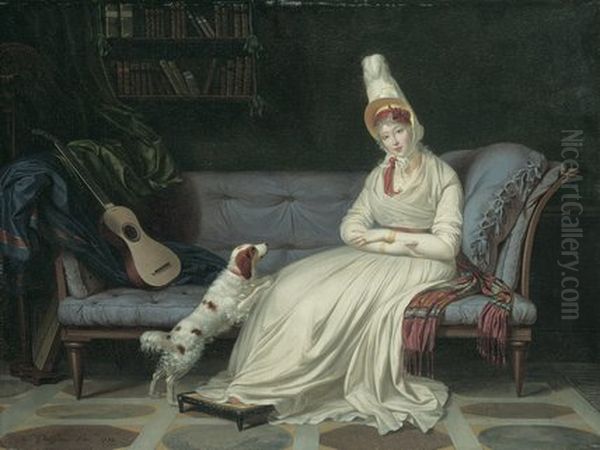 Portrait of Elizabeth, Lady Webster, later Lady Holland, in a white dress with her spaniel Pierrot Oil Painting by Louis Gauffier