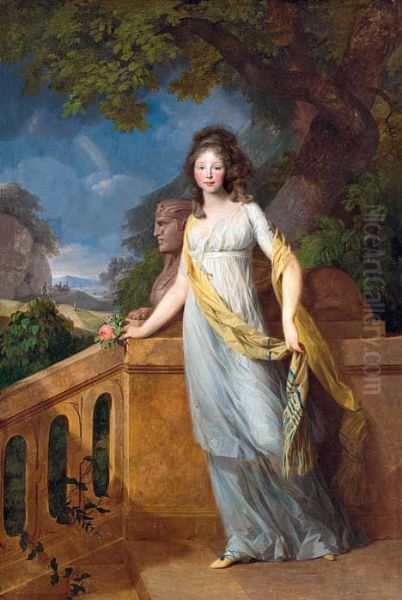 Luise of Mecklemburg-Strelitz, Crown Princess of Prussia (later Queen), depicted in an antiquing landscape. Oil Painting by Johann Friedrich August Tischbein