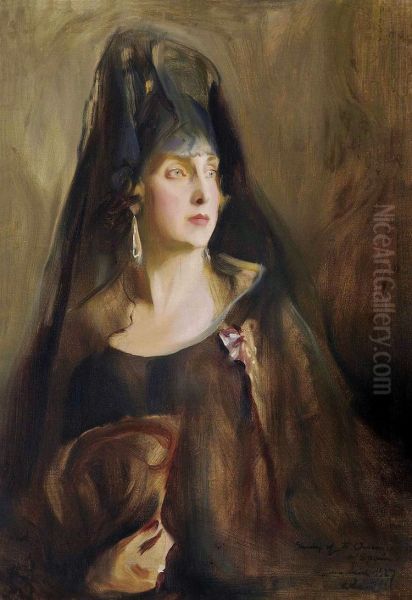 Portrait of Queen Victoria Eugenia of Spain (1887-1969), half-length, wearing a plain sleeveless black gown, the Order of Queen Maria Luisa on a purple and white ribbon pinned to her dress, holding a fan in her right hand Oil Painting by Philip de Laszlo