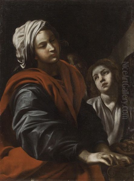 Santa Cecilia Al Cembalo Con Un Angelo Oil Painting by Giovanni Battista Caracciolo