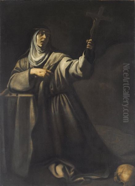 Santa Caterina Da Siena In Preghiera Davanti Al Crocefisso Oil Painting by Giovanni Battista Caracciolo