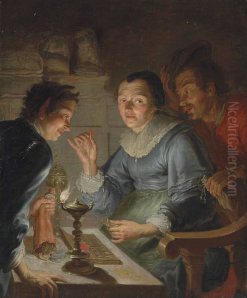 Een geldwegende oude vrouw: allegorie op de Gierigheid Oil Painting by Jacques de l'Ange