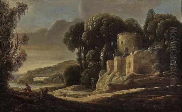 Landscape with ruin and figure scenery Oil Painting by Goffredo Wals