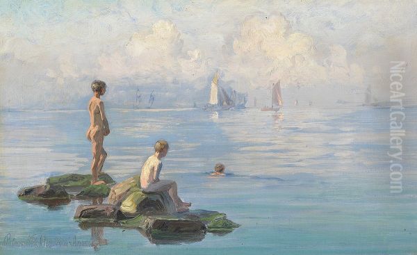 Boys bathing from stones, sailing ships at a distance. Oil Painting by Vilhelm Arnesen