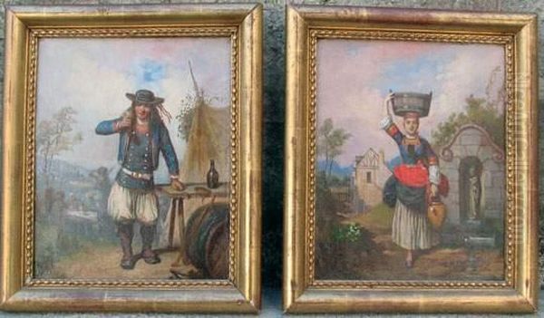  Bigoudenne Pres De La Fontaine > Et < Glazik Se Desalterant  Oil Painting by Louis Caradec