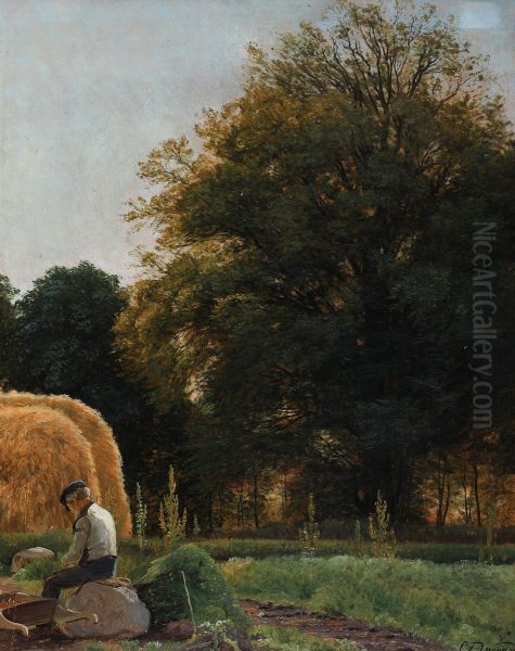 From a quiet summer day with a farmer taking a rest. Oil Painting by Carl Frederik Aagaard