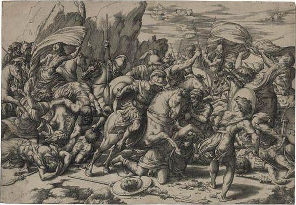 Battle Scene With A Shield On A Lance Oil Painting by Giovanni Jacopo Caraglio