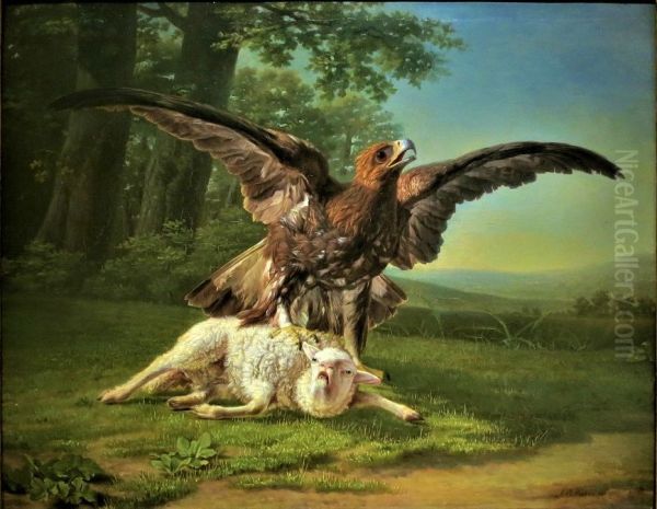 Eagle striving to catch a sheep Oil Painting by Jean Baptiste Berre