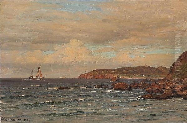 Kystparti ved Hammershus pa Bornholm. Oil Painting by Vilhelm Arnesen