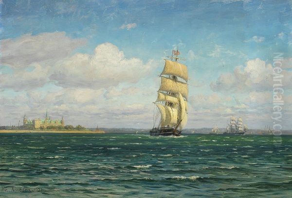 The Sound, with Castle Kronborg to the left, on a windy day. Oil Painting by Vilhelm Arnesen