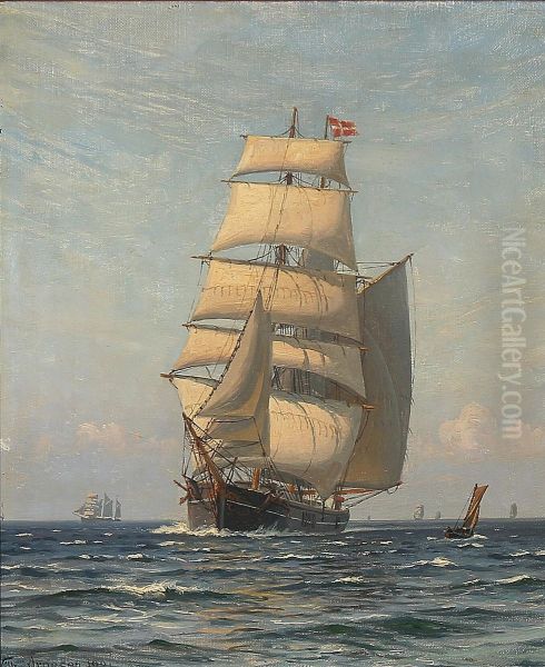 Marine med sejlskibe pa abent hav. Oil Painting by Vilhelm Arnesen