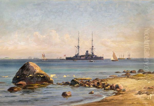 A Danish cruiser near a coast. Oil Painting by Vilhelm Arnesen