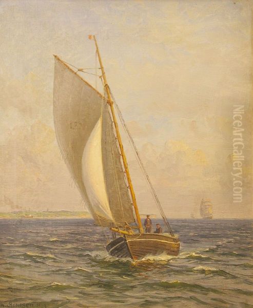 Marine med sejlskibe. Oil Painting by Vilhelm Arnesen