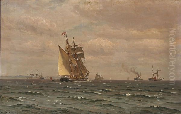 Marine med sejlskibe og en damper. Oil Painting by Vilhelm Arnesen