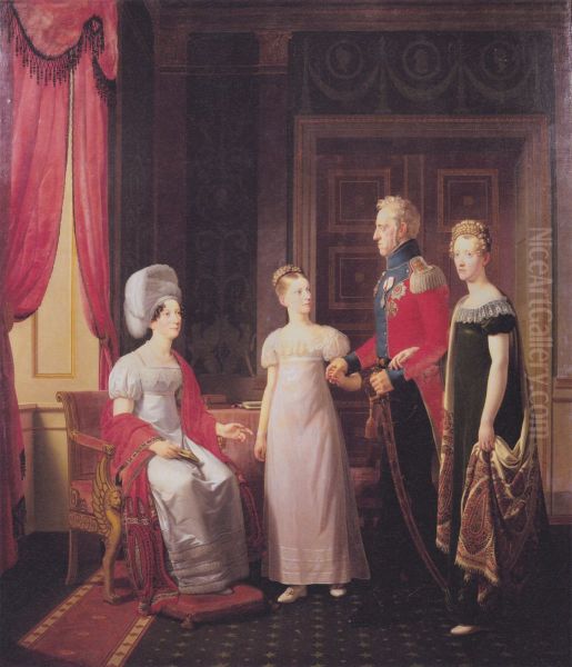 Frederik VI andQueen Mariewith Princesses Caroline and Vilhelmine. Oil Painting by Christoffer Wilhelm Eckersberg