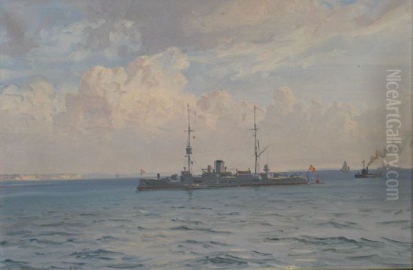 Marine med dansk krydser. Oil Painting by Vilhelm Arnesen