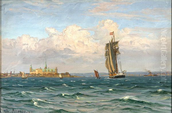 A sailing ship and a ferry off Kronborg Castle. Oil Painting by Vilhelm Arnesen