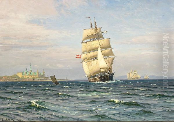 Sailing ships off Kronborg. Oil Painting by Vilhelm Arnesen