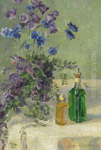 Still life with blue flowers and two bottles on a table Oil Painting by Gerda Wegener