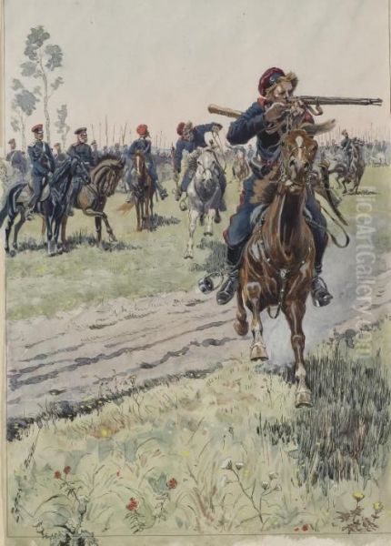 Un Cavalier Pret A Tirer, Des Officiers A Cheval A L'arriere-plan Oil Painting by Emmanuel Poire, Dit Caran D'Ache