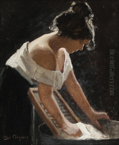 A woman washing, seen in profile. Oil Painting by Christian Aigens