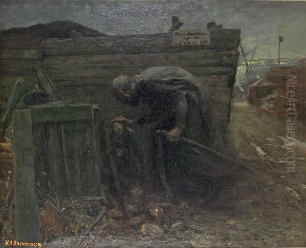 Scenery with a poor girl at nighttime. Oil Painting by H. A. Brendekilde