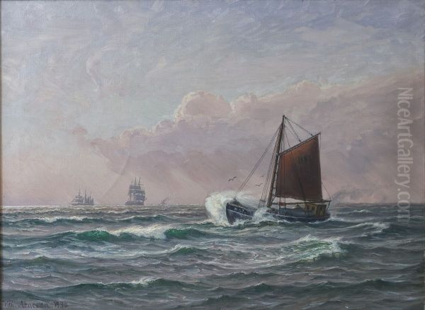 A fishing vessels at sea. Oil Painting by Vilhelm Arnesen