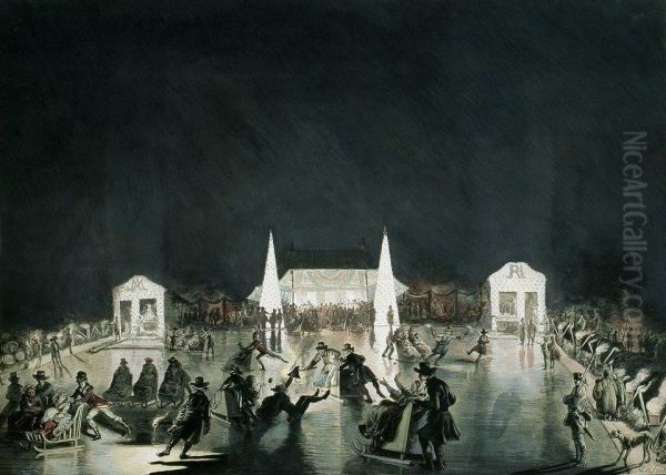 Games on the ice in Powazki. Oil Painting by Jean-Pierre Norblin De La Gourdaine