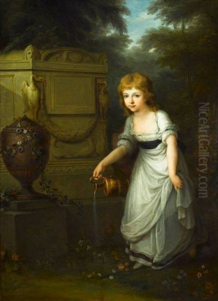 Portrait of Krystyna Potocka watering flowers on her mother's grave. Oil Painting by Angelica Kauffmann