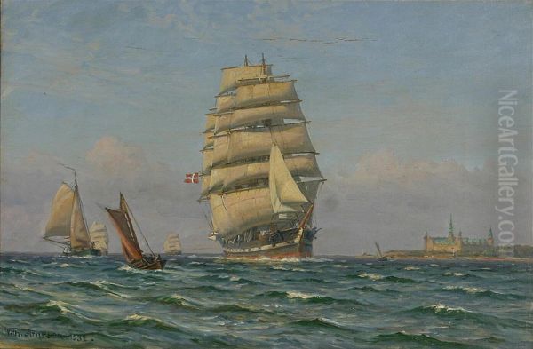 A fully rigged Danish ship along the coast of Kronborg Castle. Oil Painting by Vilhelm Arnesen