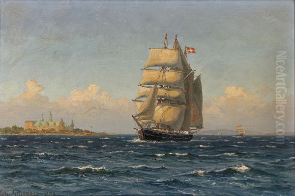 Marine med sejlskibe udfor Kronborg. Oil Painting by Vilhelm Arnesen