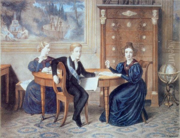 Emperor Pedro II of Brazil and his sisters Princesses Francisca and Januaria wearing mourning clothes due to their father's death. Oil Painting by Felix Taunay, Baron of Taunay