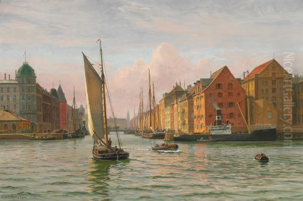 View from the Port of Copenhagen towards Nyhavn. Oil Painting by Vilhelm Arnesen