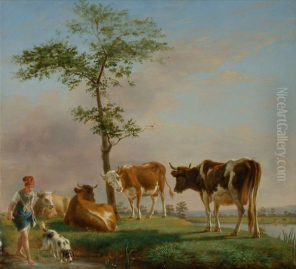 Cows in the pasture with shepherdess and a dog Oil Painting by Jean Baptiste Berre