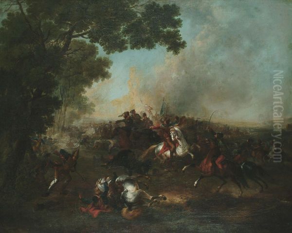 A scene from the Seven Years War depicting a battle between the Prussians and the Austrians Oil Painting by Johann Jakob Schalch