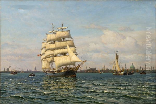 Skoleskibet Georg Stage for udgaende af Kobenhavns Havn. Oil Painting by Vilhelm Arnesen