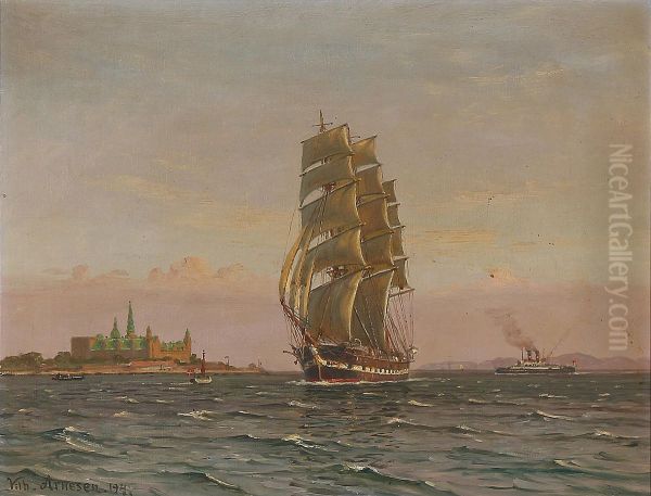 A frigate with Kronborg to starboard. Oil Painting by Vilhelm Arnesen