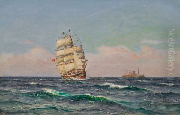 A threemaster and a steamship. Oil Painting by Vilhelm Arnesen