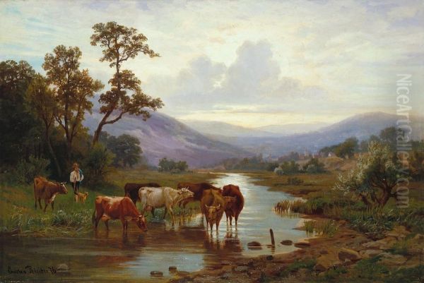 Harz landscape with herd of cows at the watering trough Oil Painting by Gustav Friedrich Wilhelm Richter