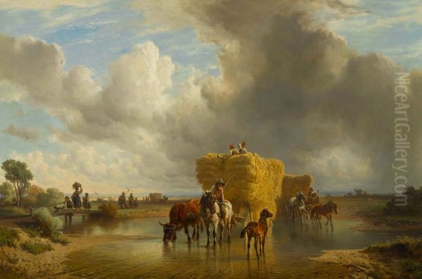 A storm rising at harvest time Oil Painting by Friedrich Voltz