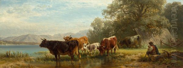 Cows with a shepherd by a lake Oil Painting by Friedrich Voltz