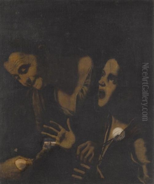 A Young Boy Bitten By A Mouse Helped By An Old Woman Oil Painting by Michelangelo Merisi Da Caravaggio