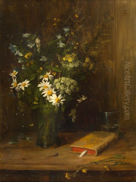 Stillleben mit Feldblumen in einer Glasvase Oil Painting by Hans Thoma