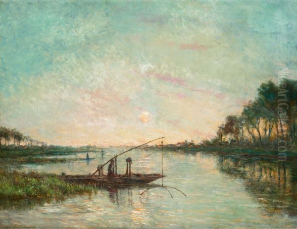 River landscape with an eel fisher Oil Painting by Theodore T'Scharner