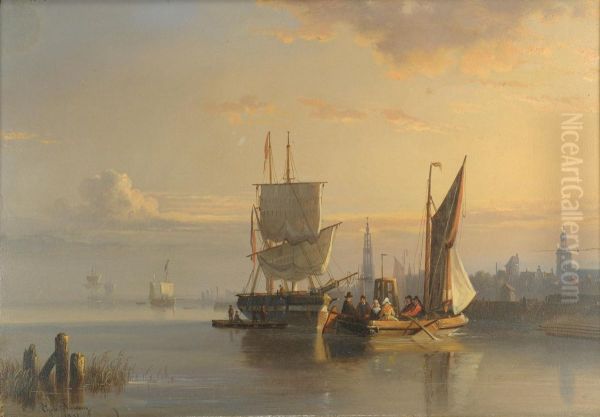 European harbor scene with two ships Oil Painting by Egide Linnig