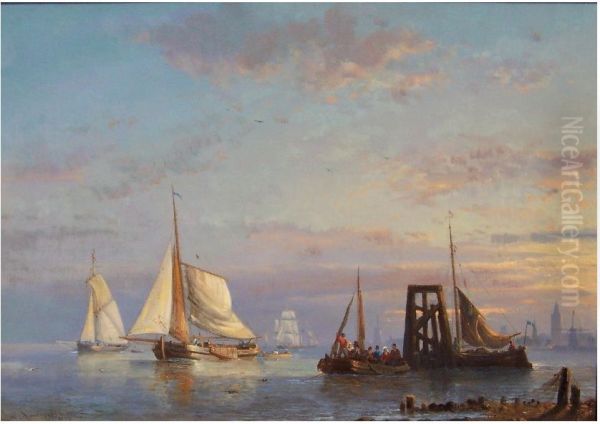 Shipping on a calm sea Oil Painting by Egide Linnig