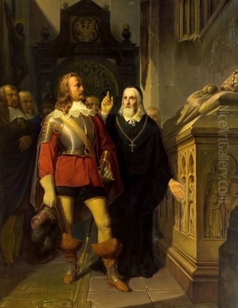 Szymon Starowolski z Karolem Gustawem przed grobem Lokietka Oil Painting by Jan Matejko