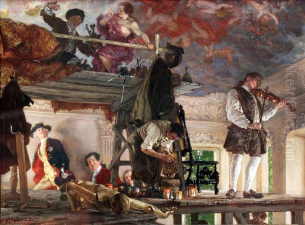 Crown Prince Frederick visits the Artist Pesne on His Painting Platform Oil Painting by Adolph von Menzel