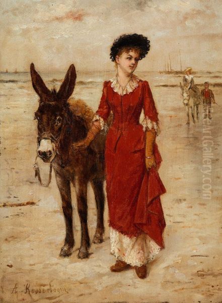 Young elegant lady with a donkey on the beach Oil Painting by Albert Roosenboom