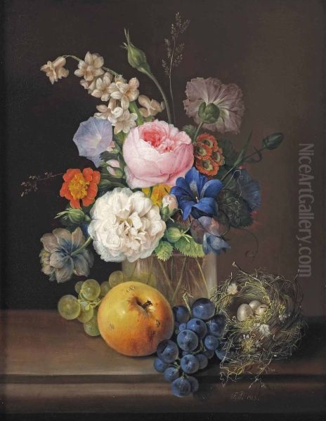 Eine Pfingstrose, eine Rose, Ackerwinde, Primeln und verschiedene andere Blumen in einer Glasvase, dazu blaue und weisse Weintrauben, ein Apfel und ein Vogelnest Oil Painting by Franz Xaver Petter